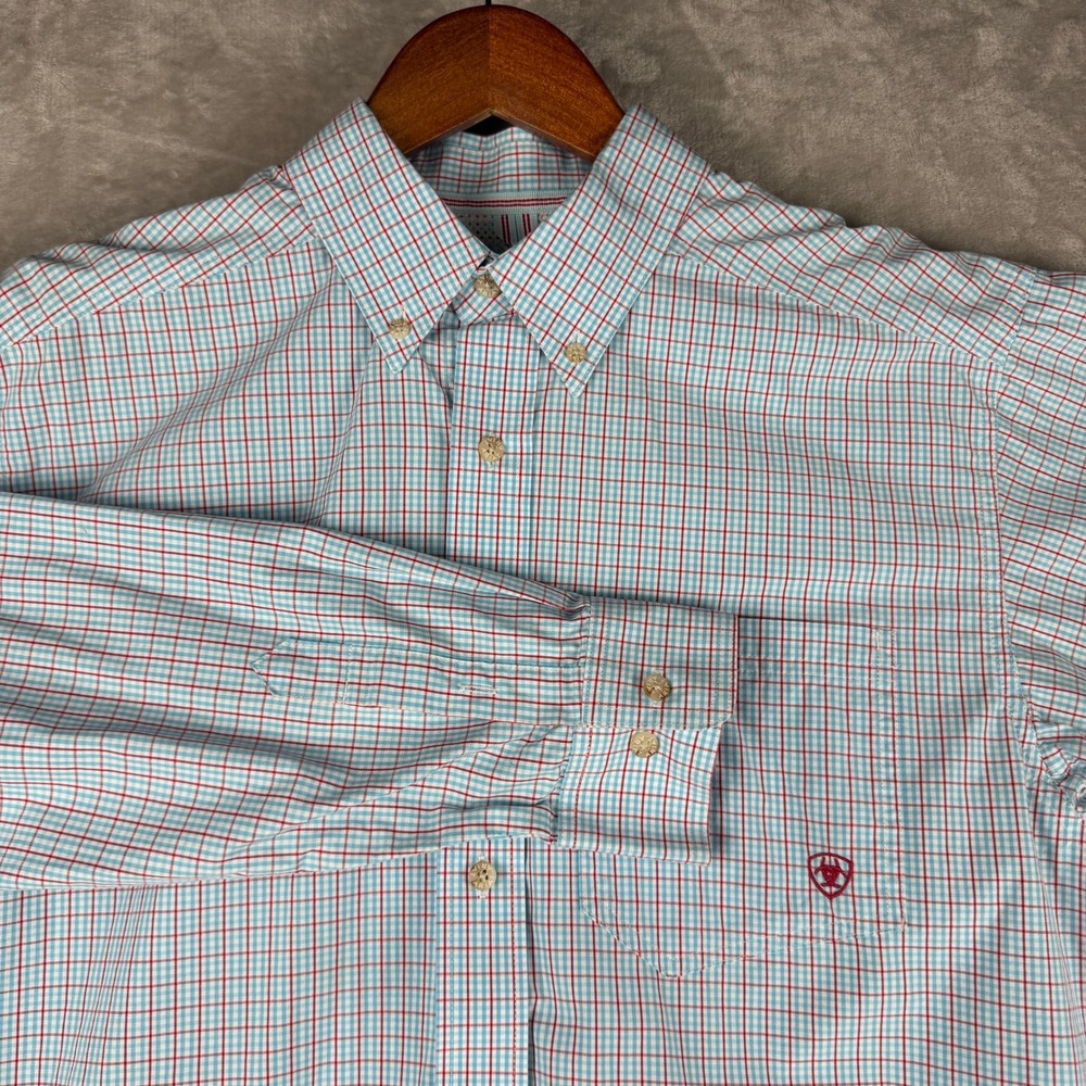 Ariat Pro Series Mens Medium Blue Red Plaid Long Sleeve Button Down Shirt